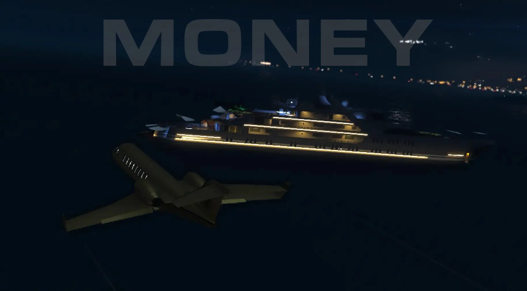 GTA5 Online Luxor Deluxe flying over Galaxy Super Yacht Nighttime